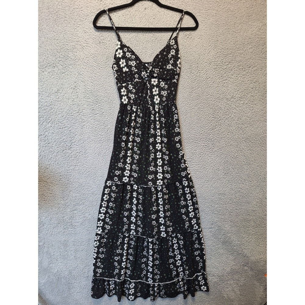 No Boundaries Maxi Dress Womens XS Black White Floral Spaghetti Strap Lined Cute